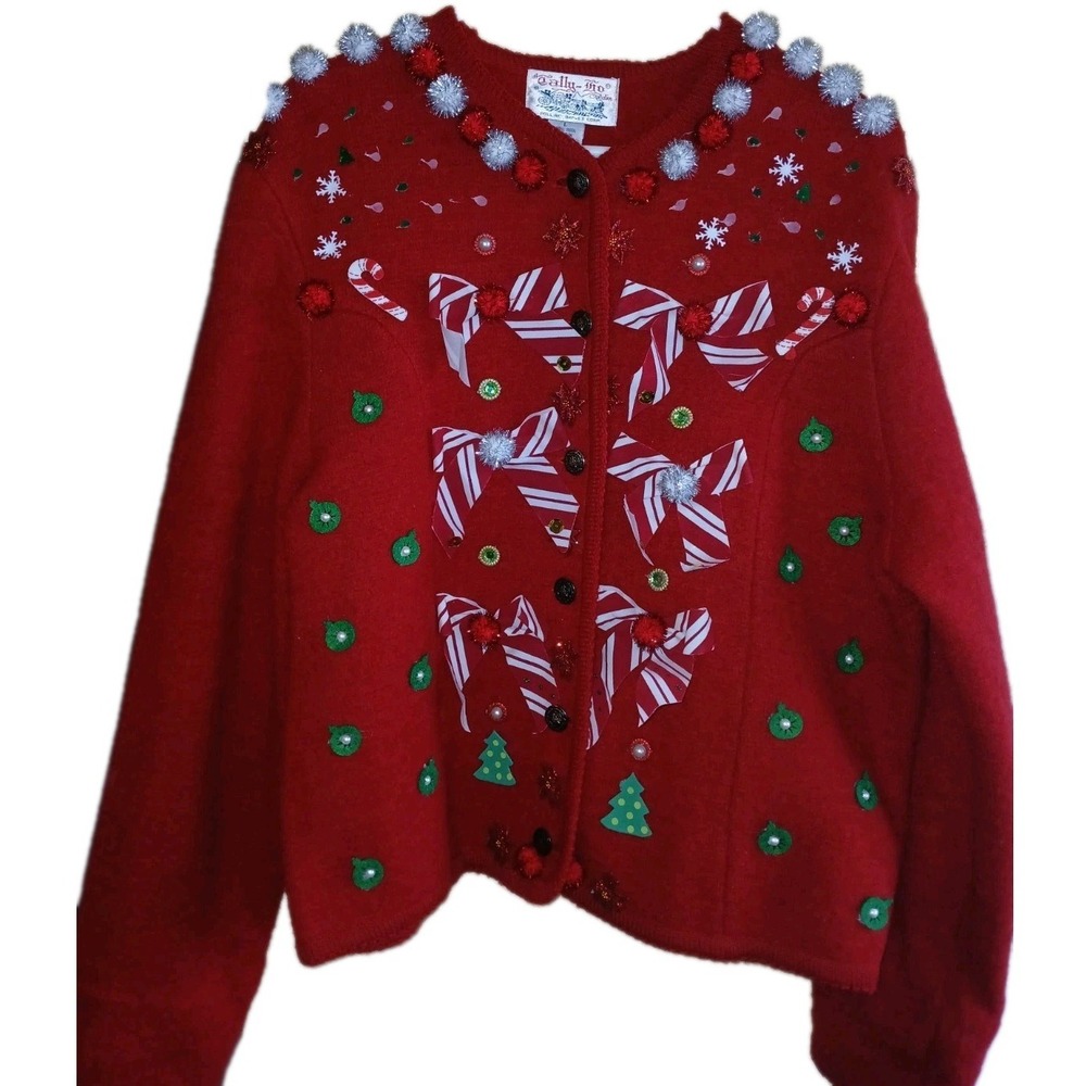 Vintage Y2K Tally-Ho  Christmas Wool Cardigan Sz L‎ Embellished Large